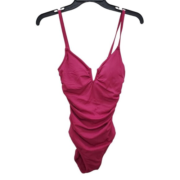 Time and Tru Women's Magenta Ruched Front Plunge One Piece Swimsuit Sz L (12-14) - Picture 1 of 6